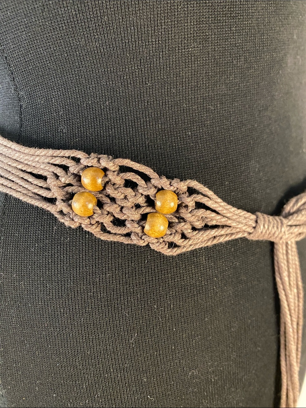 Boho Macramé Waist Belt with Wood Bead Accents - Brown - Picture 2 of 7